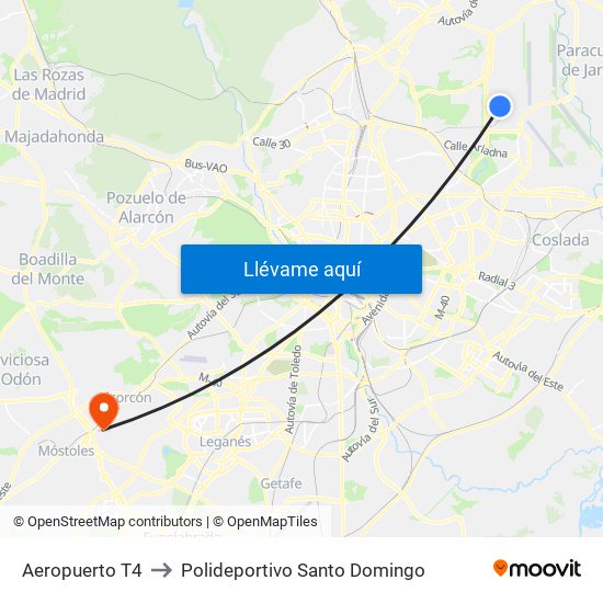 Aeropuerto T4 to Polideportivo Santo Domingo map