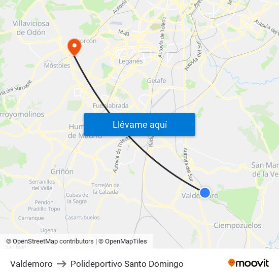 Valdemoro to Polideportivo Santo Domingo map