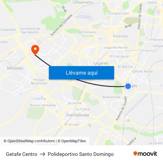 Getafe Centro to Polideportivo Santo Domingo map