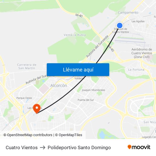 Cuatro Vientos to Polideportivo Santo Domingo map