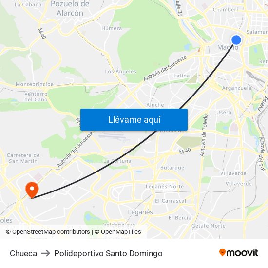 Chueca to Polideportivo Santo Domingo map