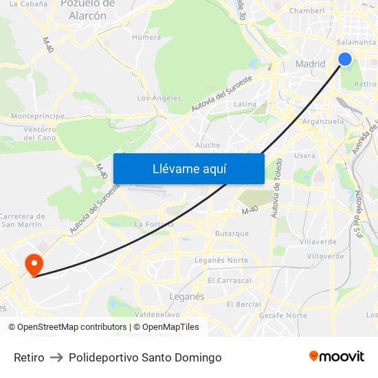 Retiro to Polideportivo Santo Domingo map