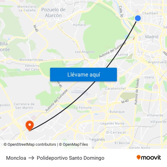 Moncloa to Polideportivo Santo Domingo map