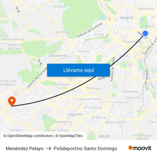 Menéndez Pelayo to Polideportivo Santo Domingo map