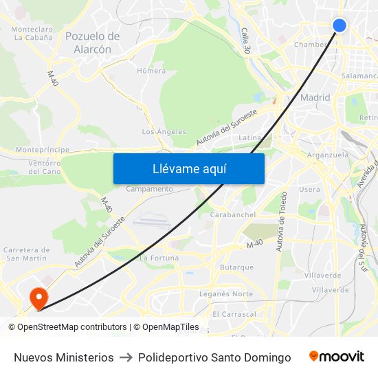 Nuevos Ministerios to Polideportivo Santo Domingo map