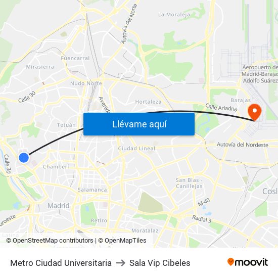 Metro Ciudad Universitaria to Sala Vip Cibeles map