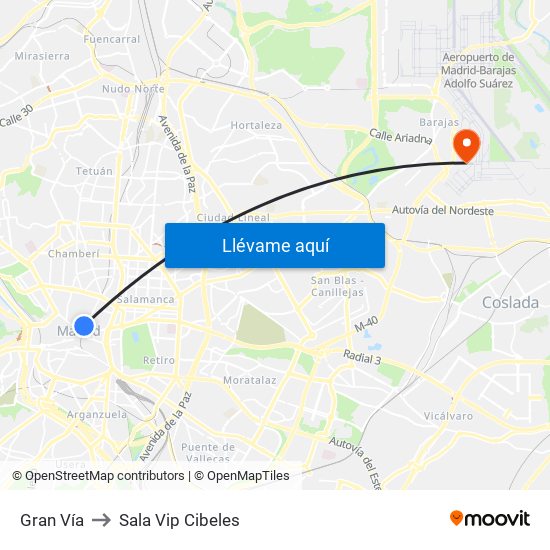 Gran Vía to Sala Vip Cibeles map