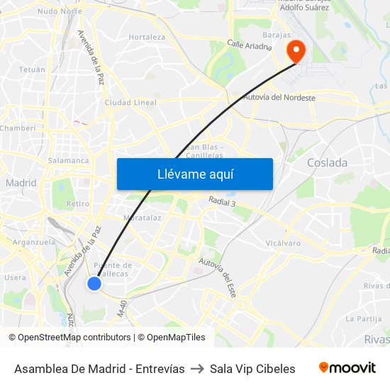 Asamblea De Madrid - Entrevías to Sala Vip Cibeles map