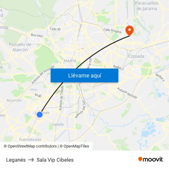 Leganés to Sala Vip Cibeles map