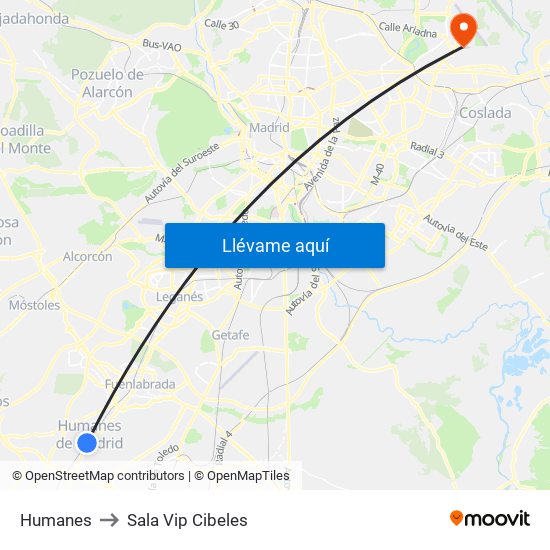 Humanes to Sala Vip Cibeles map
