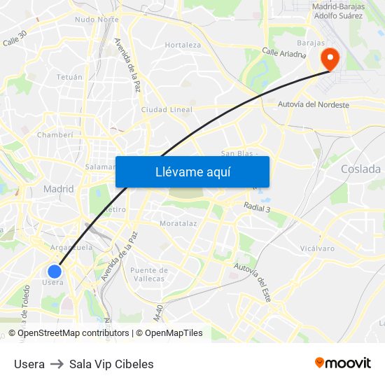 Usera to Sala Vip Cibeles map
