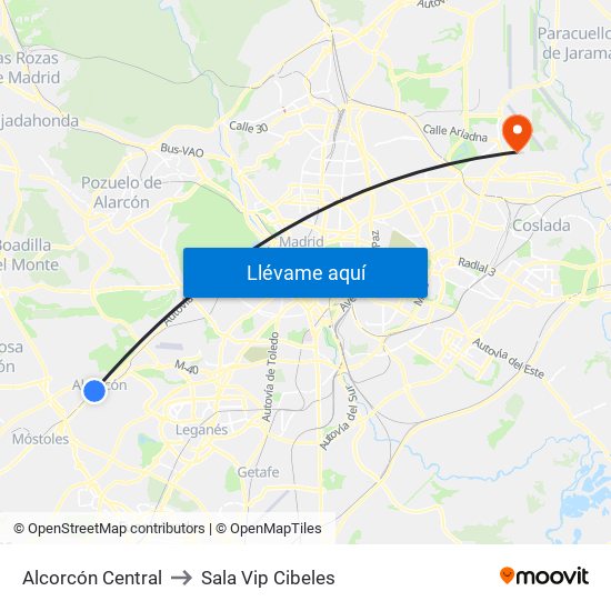 Alcorcón Central to Sala Vip Cibeles map