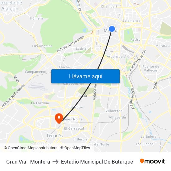 Gran Vía - Montera to Estadio Municipal De Butarque map