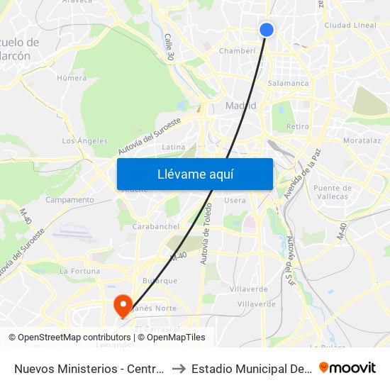 Nuevos Ministerios - Centro Comercial to Estadio Municipal De Butarque map