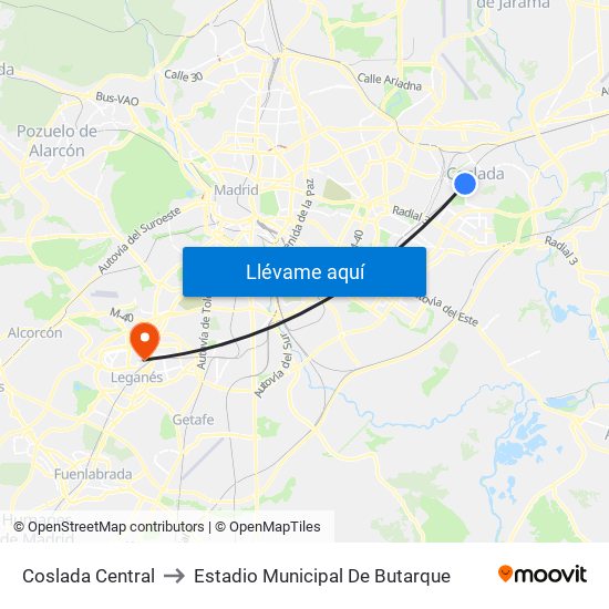 Coslada Central to Estadio Municipal De Butarque map