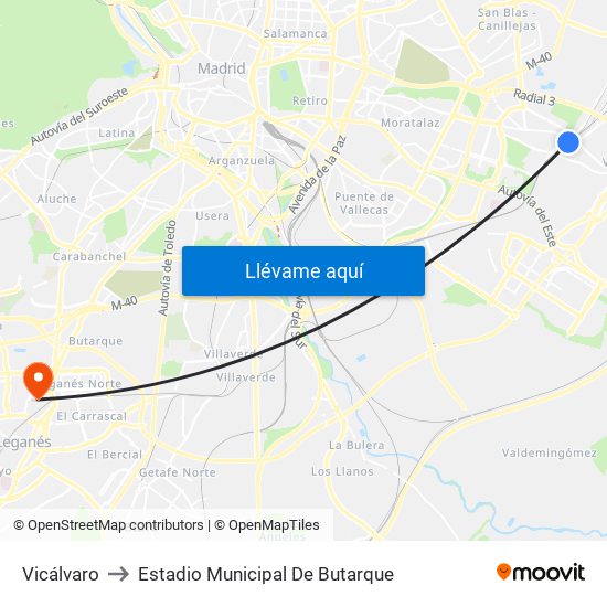 Vicálvaro to Estadio Municipal De Butarque map