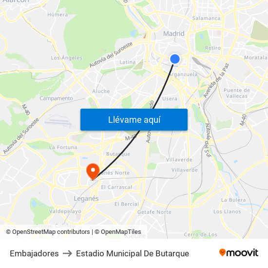 Embajadores to Estadio Municipal De Butarque map