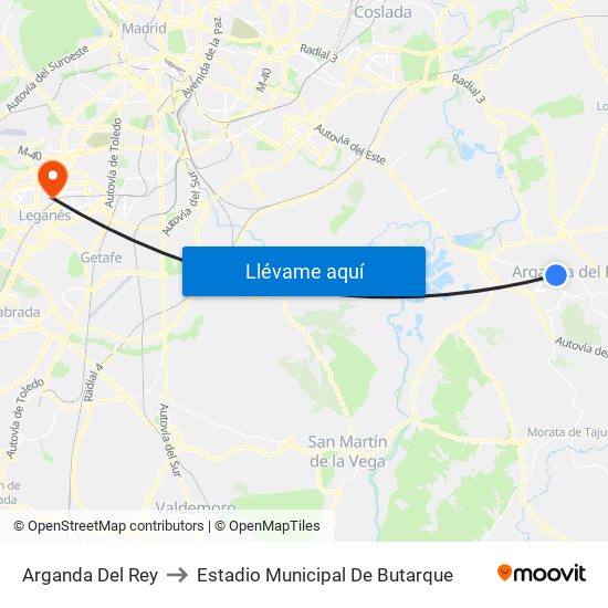 Arganda Del Rey to Estadio Municipal De Butarque map