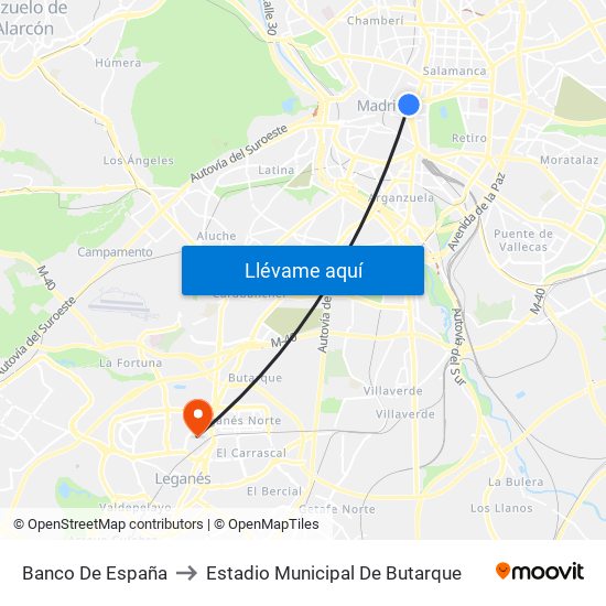 Banco De España to Estadio Municipal De Butarque map