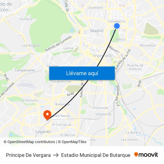 Príncipe De Vergara to Estadio Municipal De Butarque map