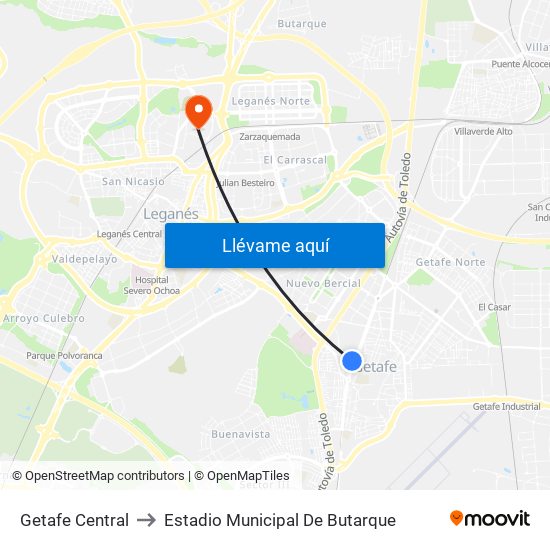 Getafe Central to Estadio Municipal De Butarque map