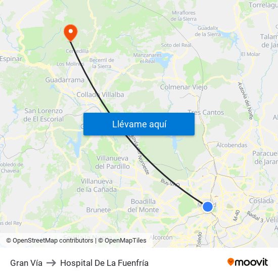 Gran Vía to Hospital De La Fuenfría map