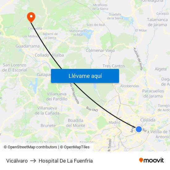 Vicálvaro to Hospital De La Fuenfría map