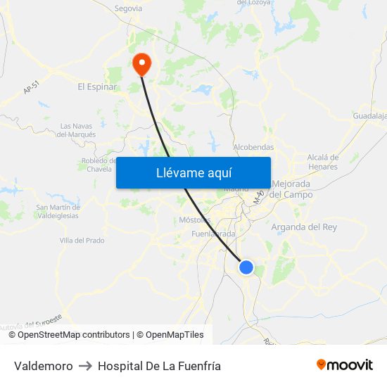 Valdemoro to Hospital De La Fuenfría map