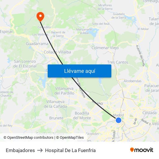 Embajadores to Hospital De La Fuenfría map