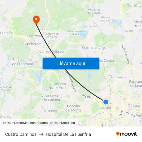 Cuatro Caminos to Hospital De La Fuenfría map