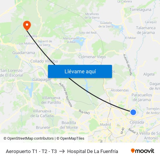 Aeropuerto T1 - T2 - T3 to Hospital De La Fuenfría map