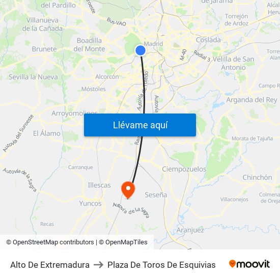 Alto De Extremadura to Plaza De Toros De Esquivias map