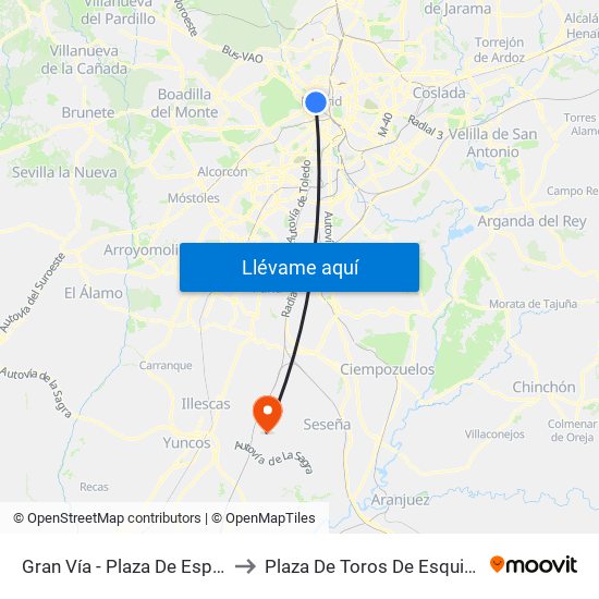 Gran Vía - Plaza De España to Plaza De Toros De Esquivias map