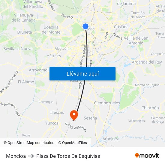 Moncloa to Plaza De Toros De Esquivias map