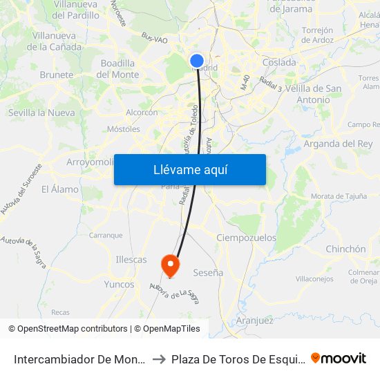 Intercambiador De Moncloa to Plaza De Toros De Esquivias map