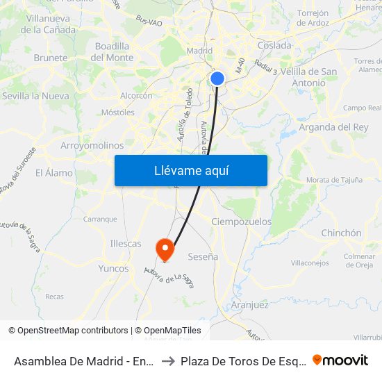 Asamblea De Madrid - Entrevías to Plaza De Toros De Esquivias map