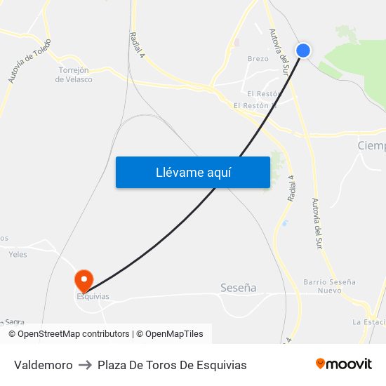 Valdemoro to Plaza De Toros De Esquivias map