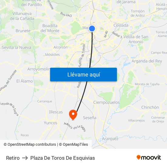Retiro to Plaza De Toros De Esquivias map