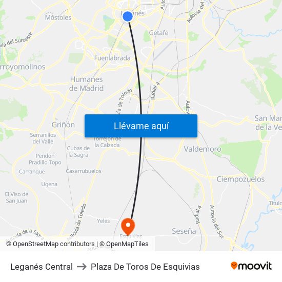 Leganés Central to Plaza De Toros De Esquivias map