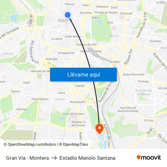 Gran Vía - Montera to Estadio Manolo Santana map