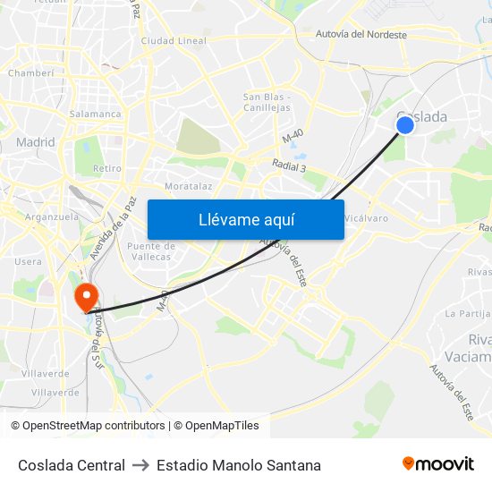 Coslada Central to Estadio Manolo Santana map