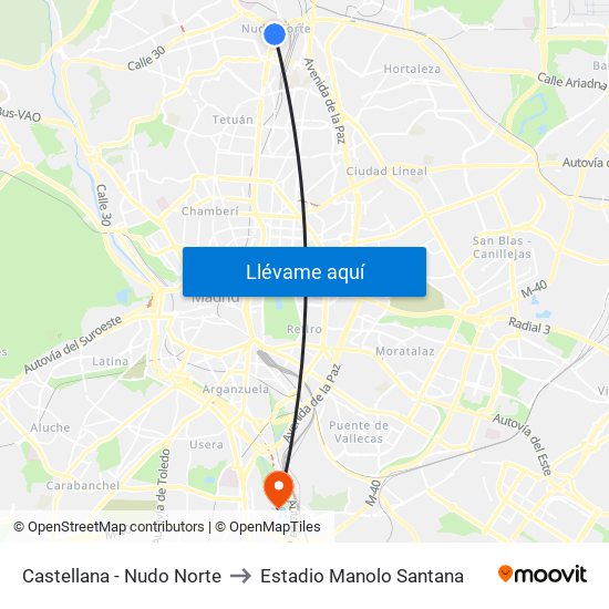 Castellana - Nudo Norte to Estadio Manolo Santana map