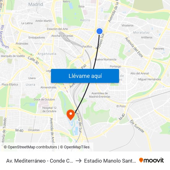 Av. Mediterráneo - Conde Casal to Estadio Manolo Santana map
