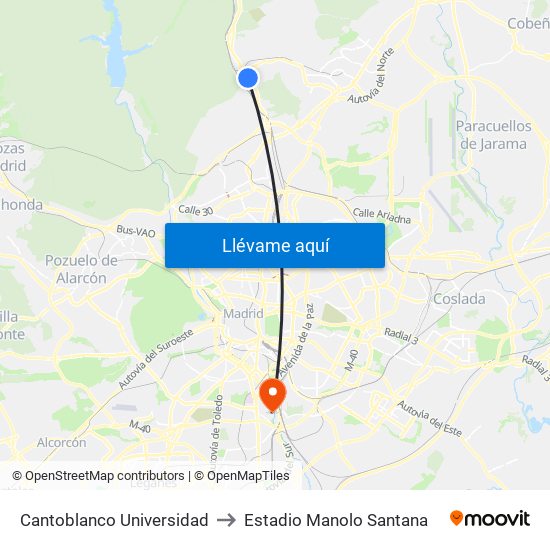 Cantoblanco Universidad to Estadio Manolo Santana map