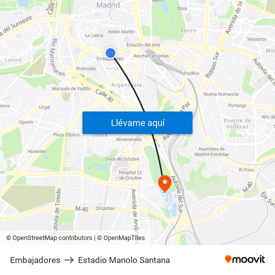 Embajadores to Estadio Manolo Santana map