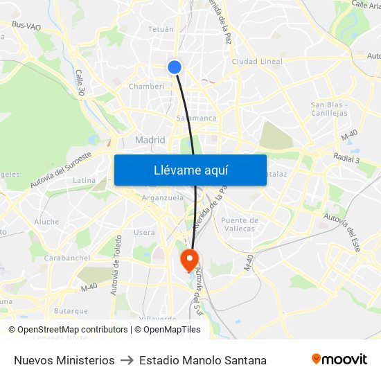 Nuevos Ministerios to Estadio Manolo Santana map