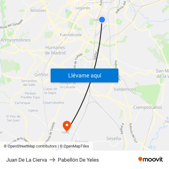 Juan De La Cierva to Pabellón De Yeles map
