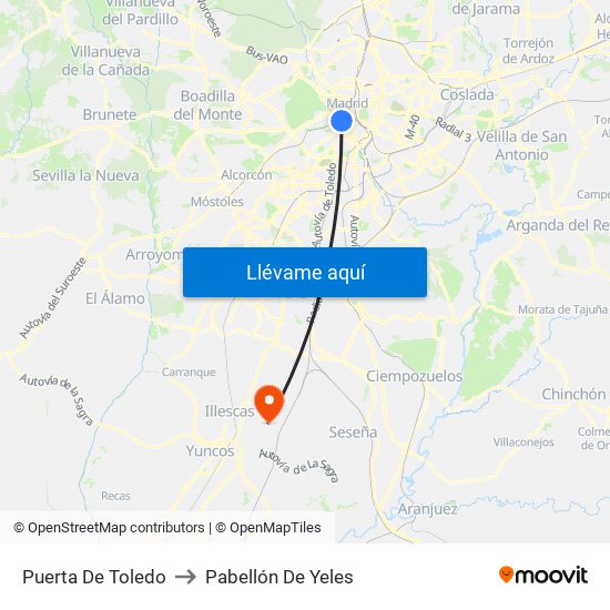 Puerta De Toledo to Pabellón De Yeles map