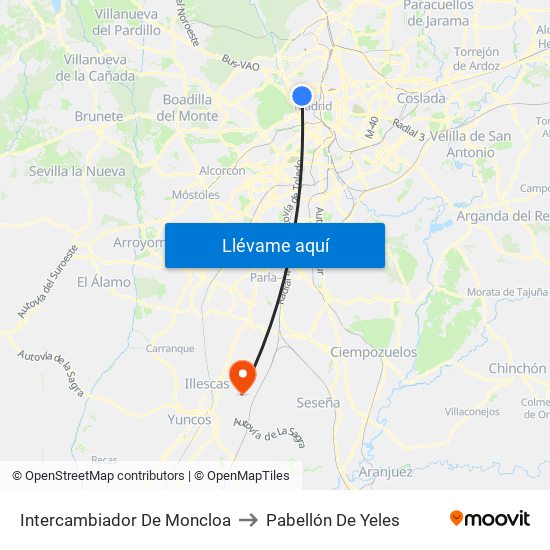 Intercambiador De Moncloa to Pabellón De Yeles map