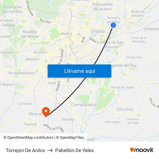 Torrejón De Ardoz to Pabellón De Yeles map